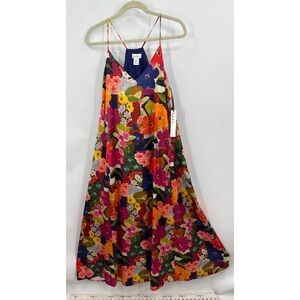 Nicole Miller Abstract Floral Print Satin Maxi Dress M